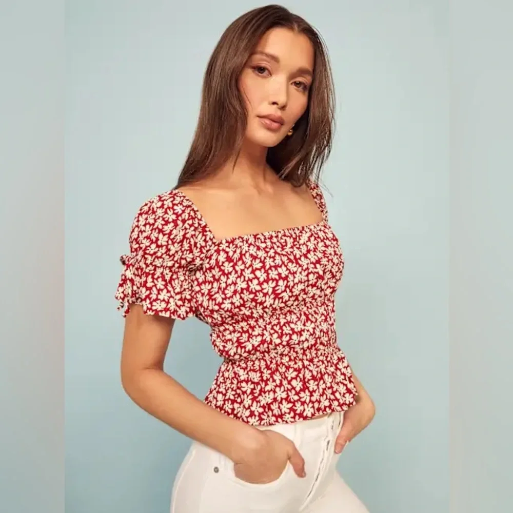 Reformation Red Floral Smocked Peplum Top